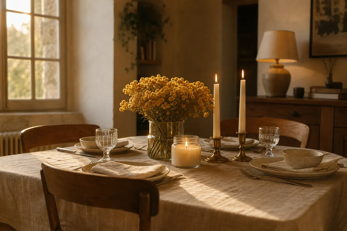 Chandelles ivoire dans des bougeoirs en laiton et bougie parfumée en verre sur une nappe en lin, lumière dorée de fin de journée