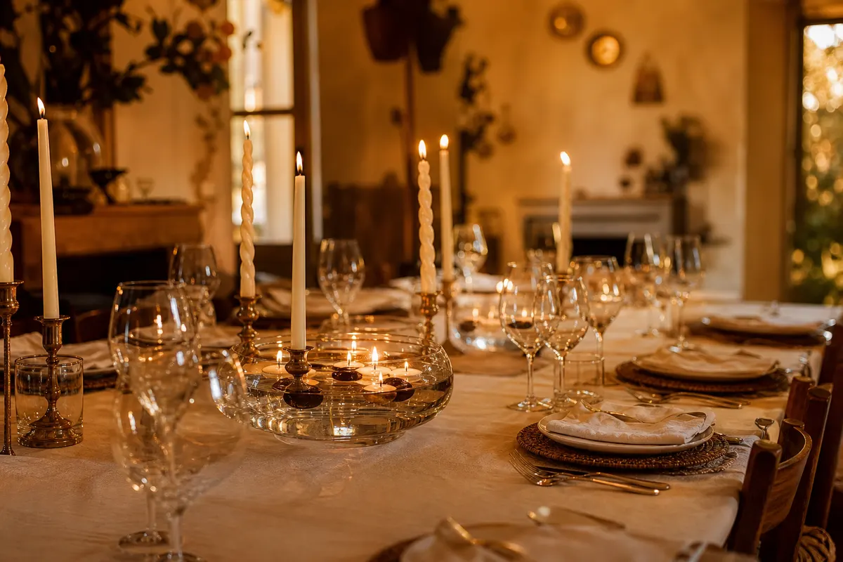 Table de réception avec bougies flottantes blanches et noires dans des vasques en verre et chandelles ivoire en laiton