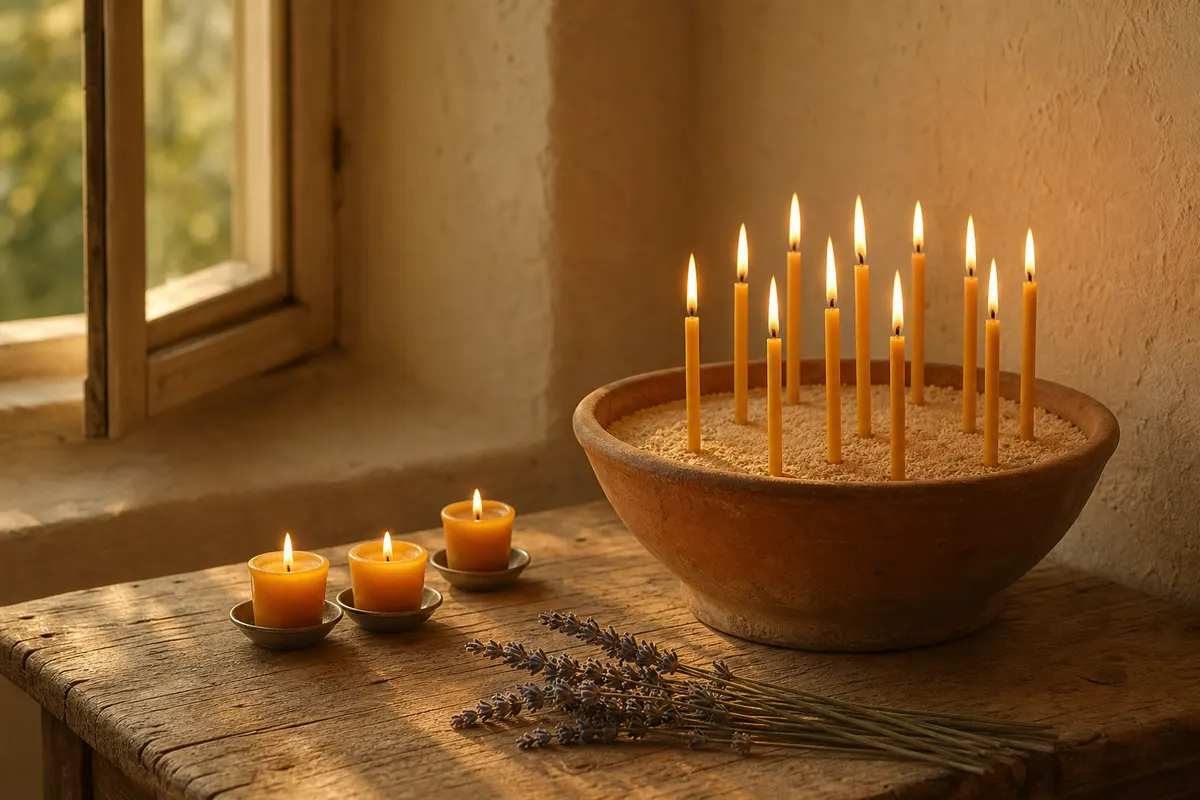 Fines chandelles en cire d'abeille plantées dans un bol de sable, flammes dorées, votives jaune miel sur une table en bois