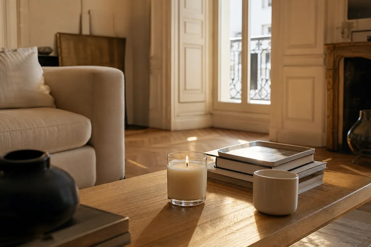 Bougie parfumée dans un verre droit sur une table basse en chêne, dans un salon haussmannien baigné de lumière du soir