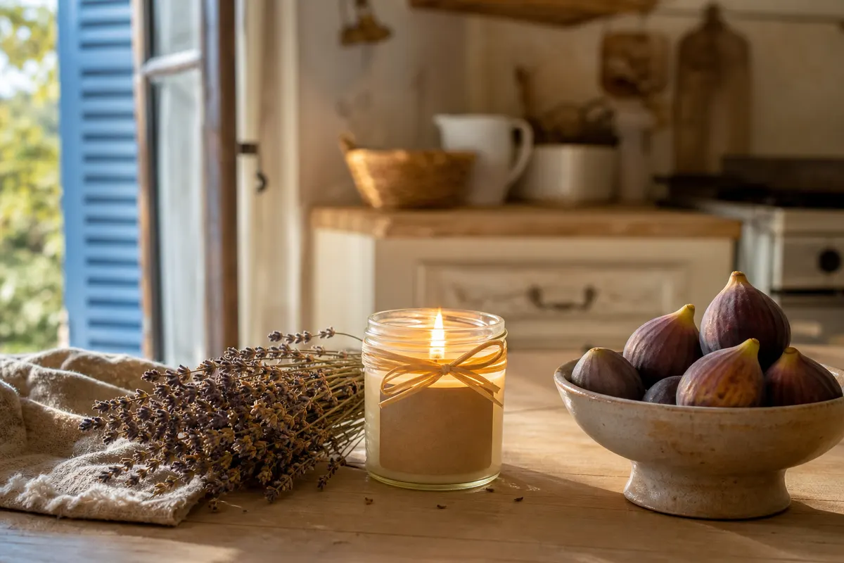 Bougie parfumée en pot de verre fermé d'un nœud de raphia, lavande séchée et figues sur une table de cuisine provençale
