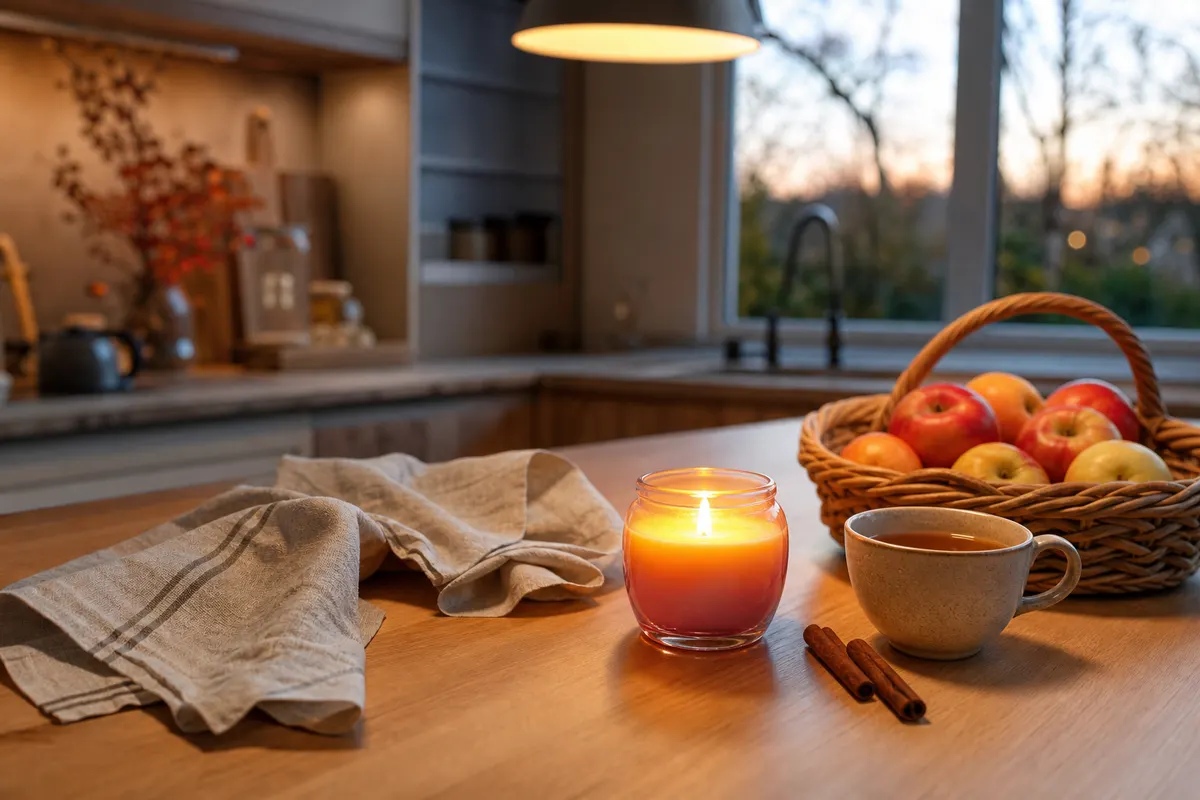 Petit pot de verre à dégradé rose orangé allumé sur un plan de travail en bois, près d'une corbeille de pommes, cuisine d'automne