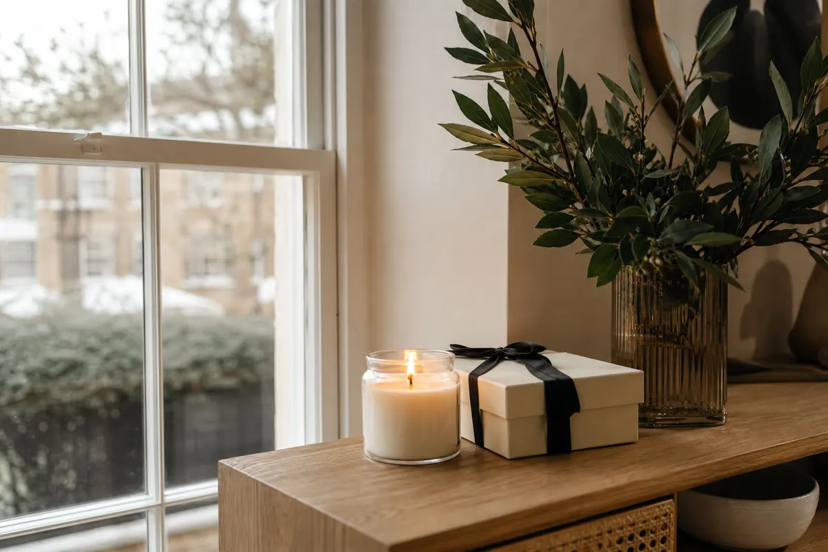 Bougie parfumée en verre transparent à la cire ivoire, allumée sur une console en bois clair près d'une boîte crème à ruban noir