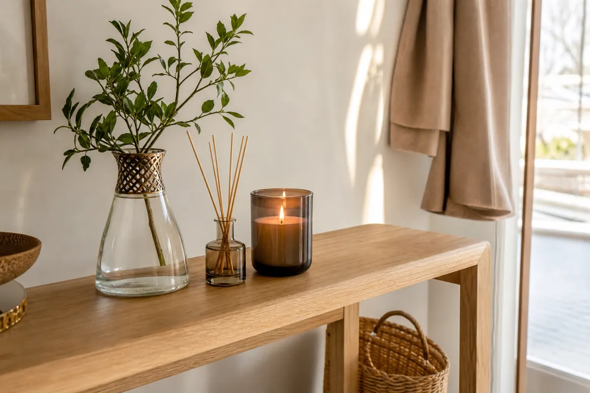 Lampe à parfum en verre à monture ajourée, bougie en pot et bouquet à bâtonnets sur une console d'entrée baignée de lumière