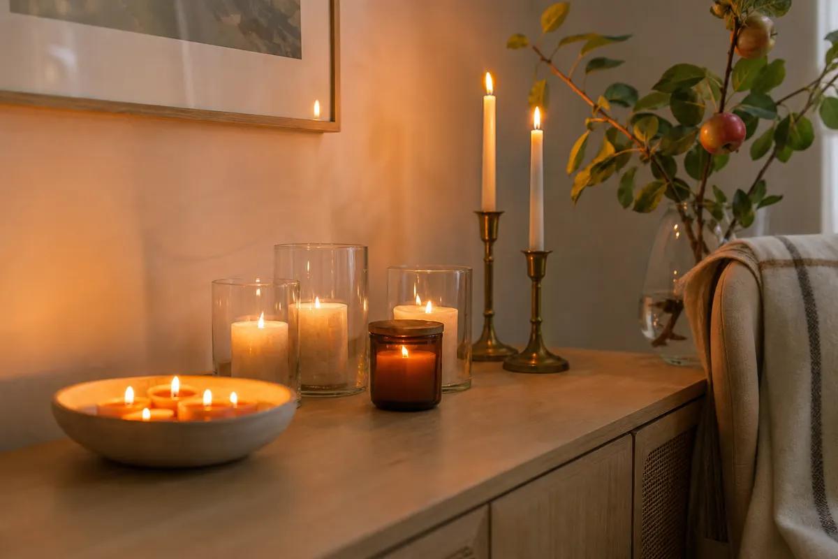 Buffet en bois clair avec chauffe-plat orange, votives marbrées dans des photophores, chandelles ivoire et bougie en verre ambré