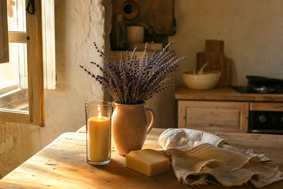 Bougie parfumée en pot de verre allumée sur une table en bois clair, près d'un bouquet de lavande et d'un torchon en lin