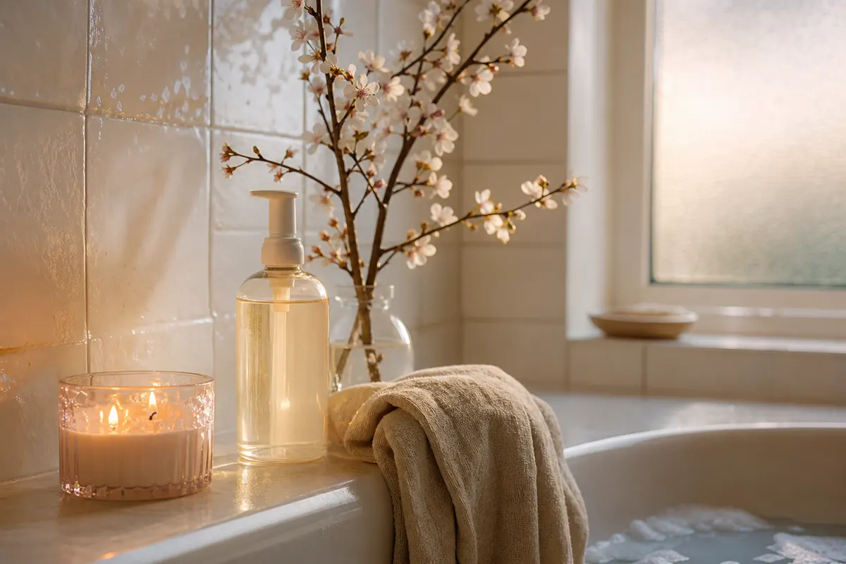 Bougie parfumée en pot de verre rose allumée au bord d'une baignoire, près d'une serviette en lin et d'une branche de cerisier
