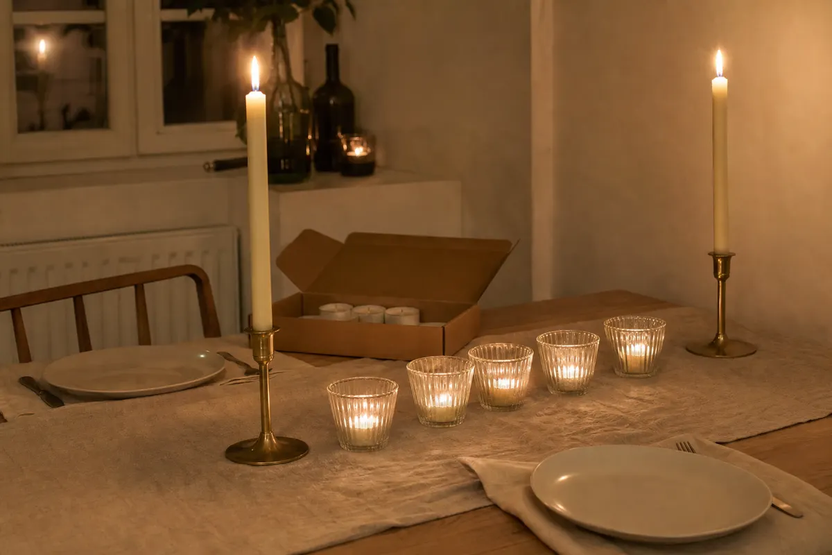 Table de cuisine en bois avec chandelles ivoire dans des bougeoirs en laiton et chauffe-plat allumés dans des photophores