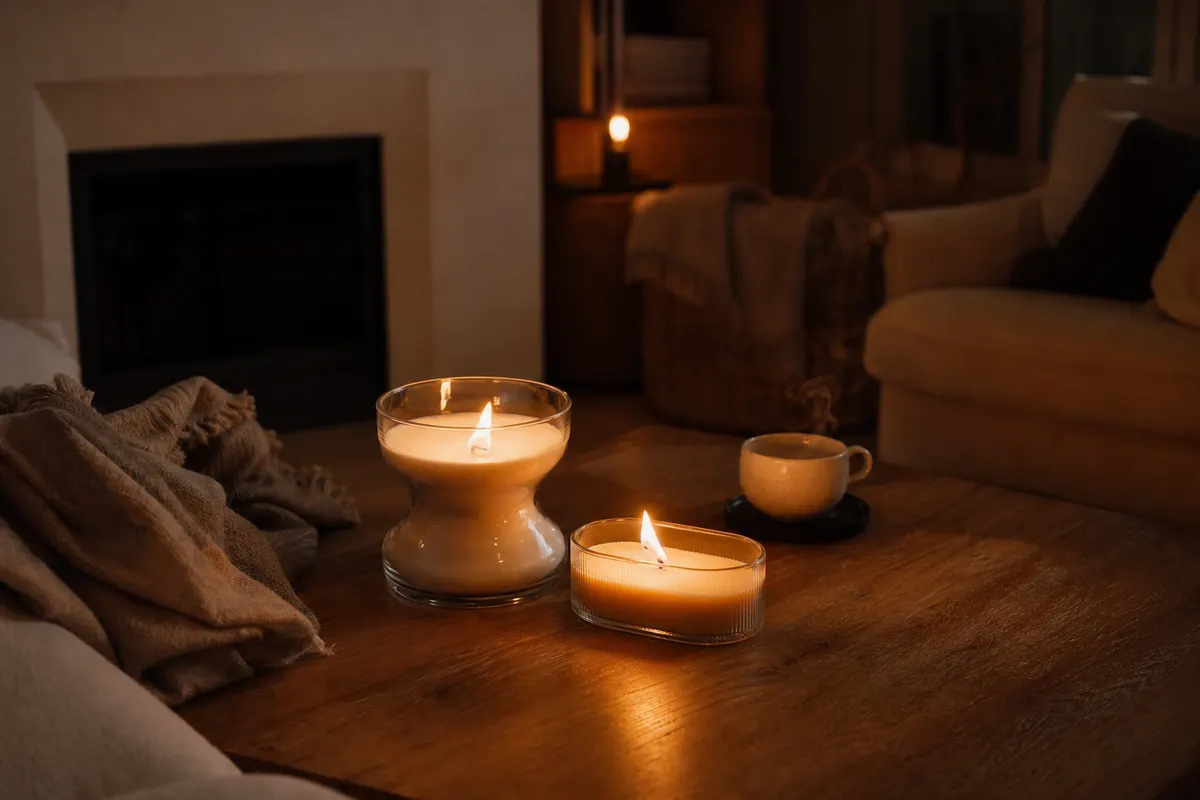 Bougie en verre sablier et bougie elliptique à mèche en bois allumées sur une table basse en chêne, dans un salon d'automne