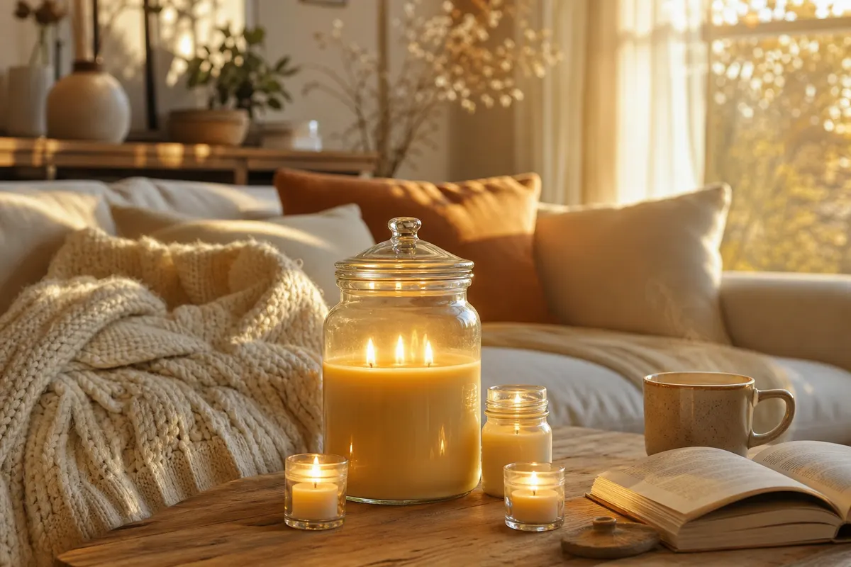 Grande jarre de verre à couvercle, petite jarre et votives allumées sur une table basse en bois, dans un salon d'automne