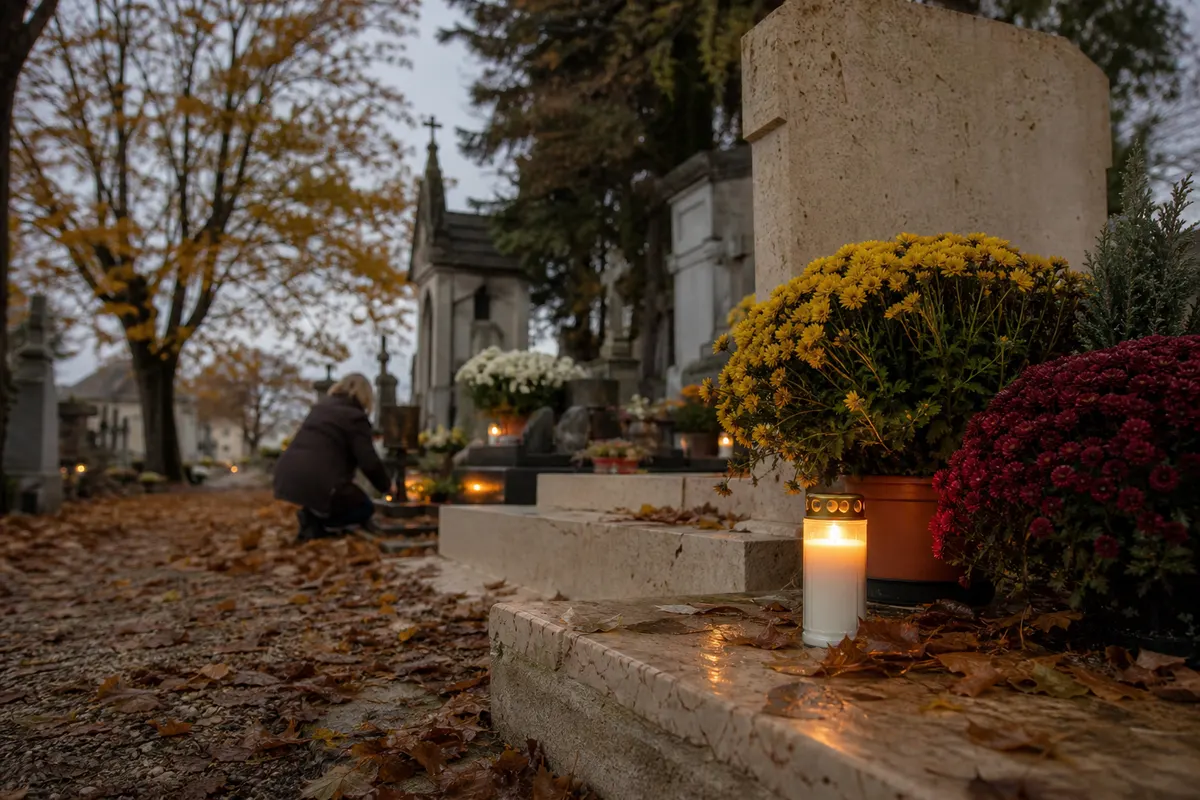 Bougie du souvenir blanche à couvercle allumée sur une tombe fleurie de chrysanthèmes, un jour gris de Toussaint