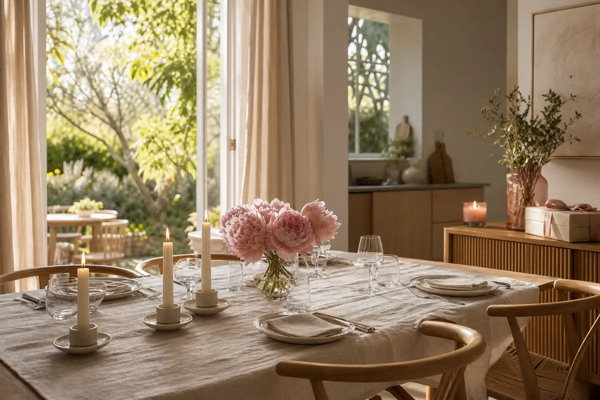 Table de fête des mères dressée avec pivoines et chandelles ivoire, bougie fleurie allumée et cadeau au ruban sur la desserte