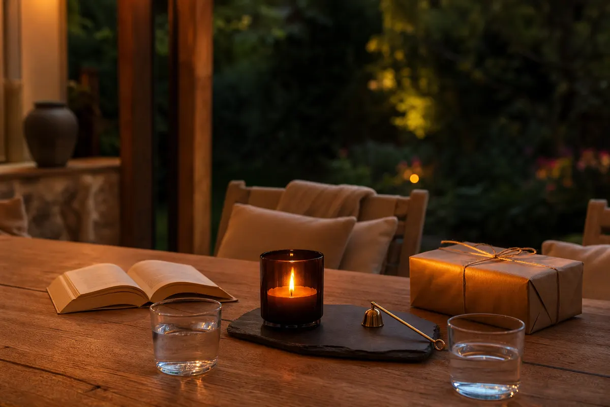Terrasse un soir de juin, bougie boisée allumée sur un plateau en ardoise, éteignoir, livre ouvert et paquet cadeau en kraft