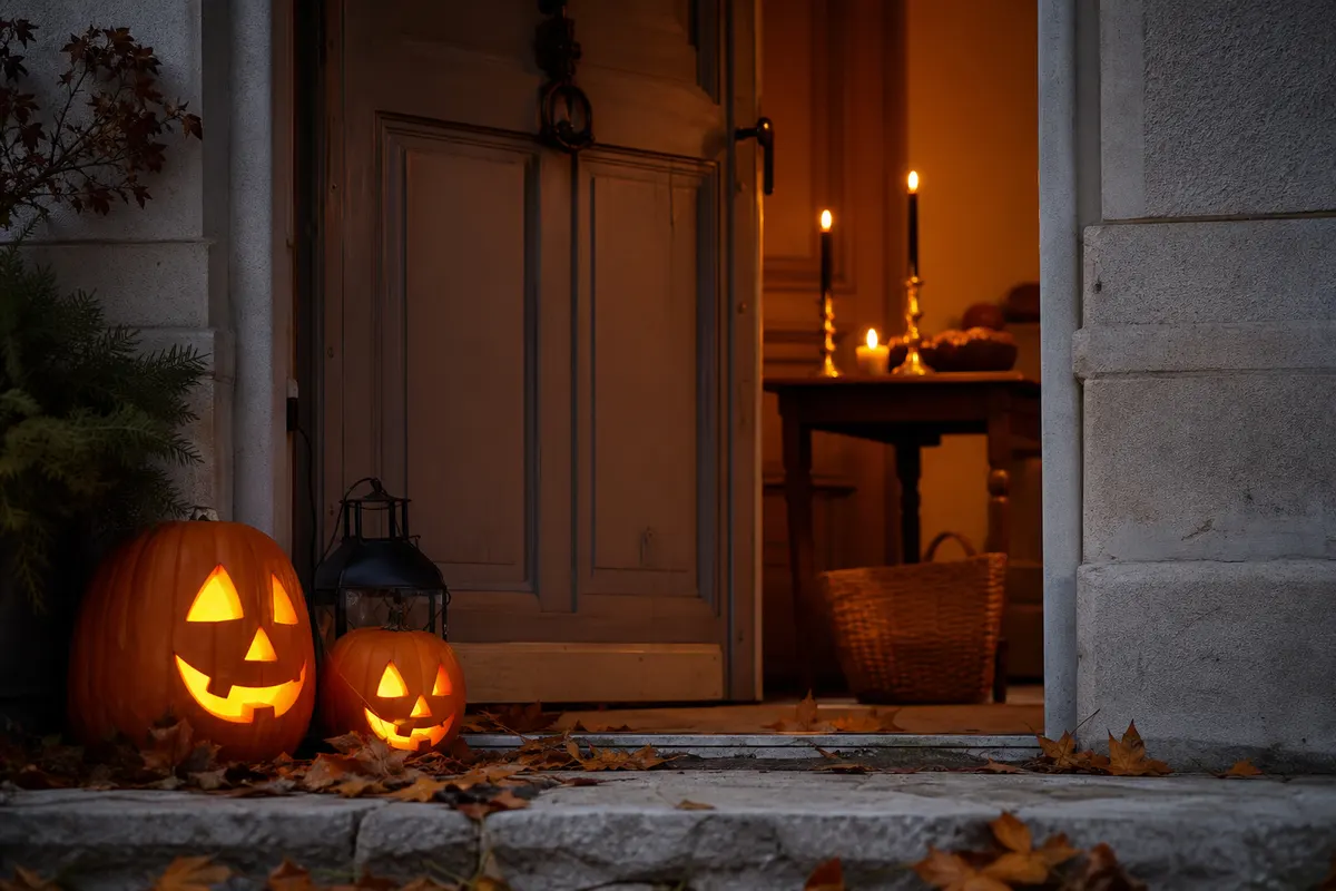 Citrouilles éclairées et lanterne noire sur les marches d'une entrée, chandelles noires allumées sur la table derrière la porte