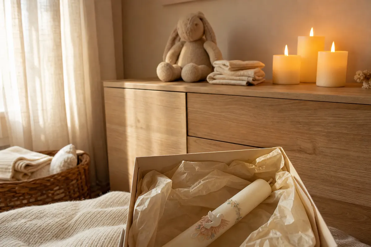 Chambre de bébé avec trois bougies LED en cire ivoire sur une commode et un cierge de baptême décoré dans sa boîte