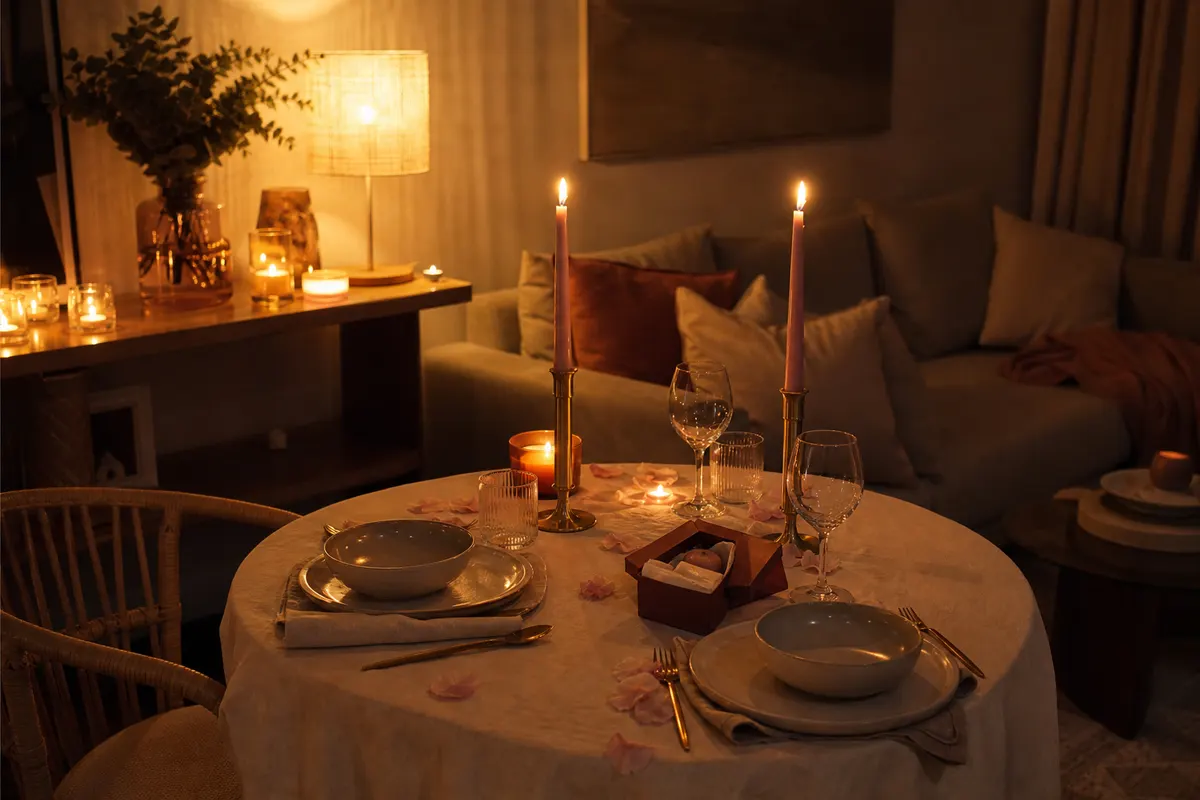 Table dressée pour deux à la Saint-Valentin avec chandelles rose poudré, bougie parfumée allumée et bougie de massage offerte