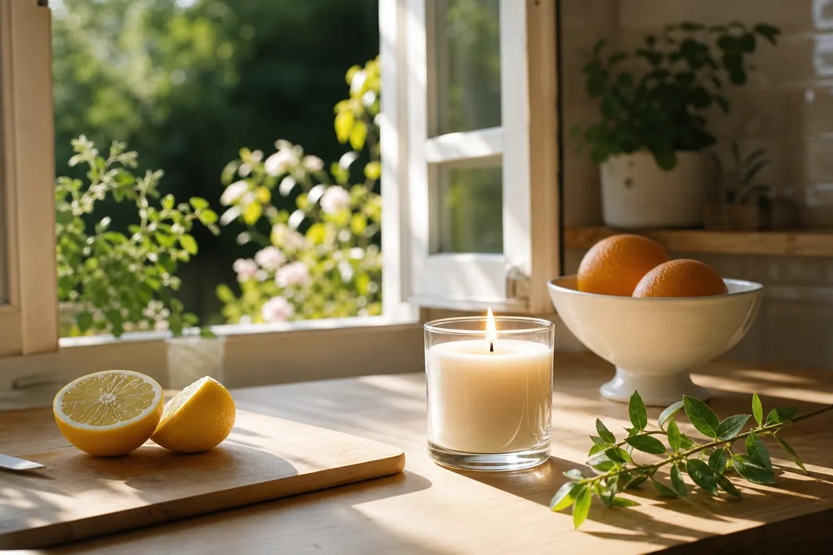Bougie agrumes allumée dans un pot en verre sur un plan de travail en bois, citron coupé, oranges et verveine, cuisine claire