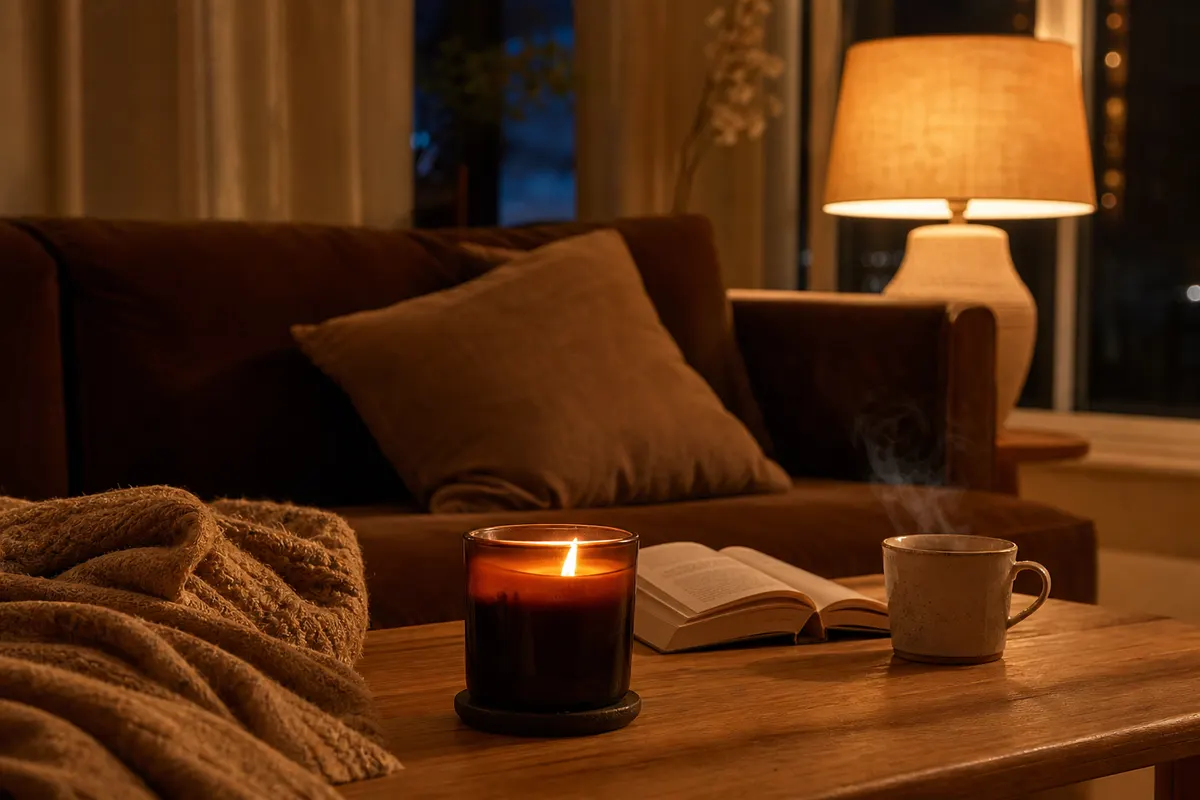 Bougie parfumée ambre allumée dans un pot en verre foncé sur une table basse en chêne, plaid en laine et livre, soirée d'hiver