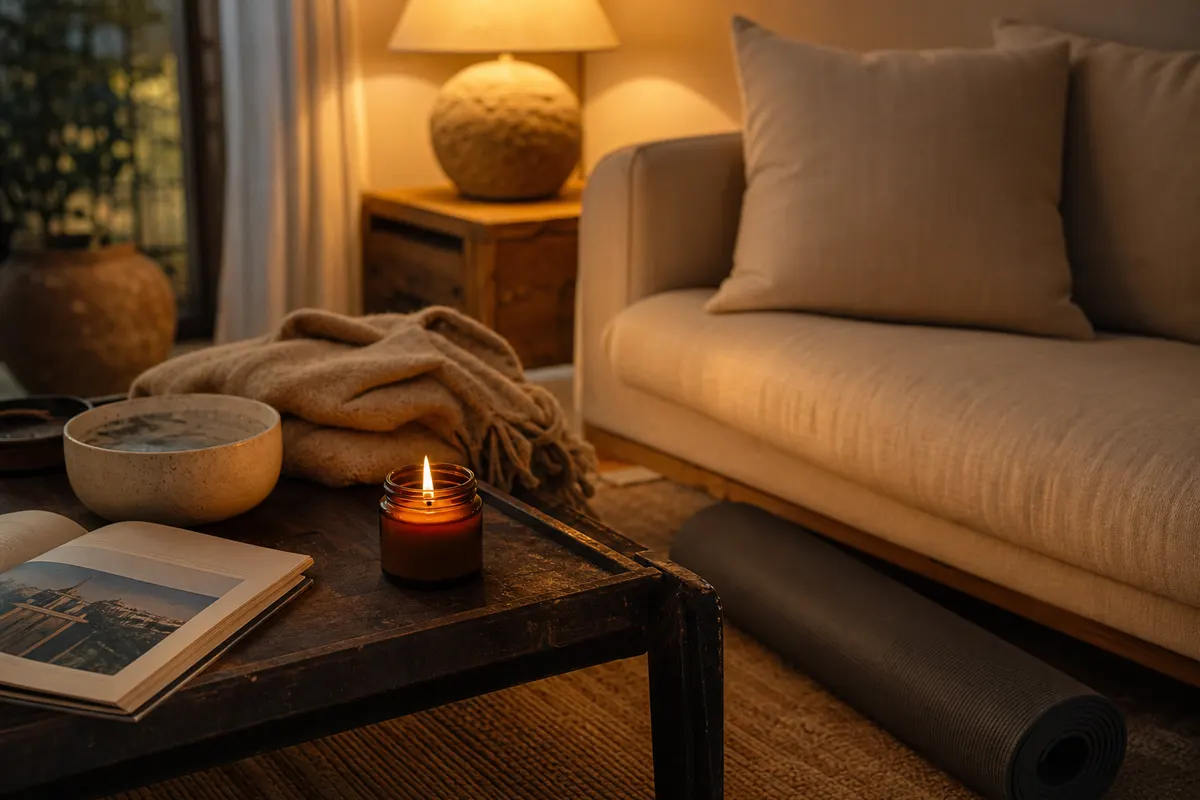 Bougie parfumée au bois de santal allumée sur une table basse en bois foncé, près d'un plaid en laine et d'un bol en céramique