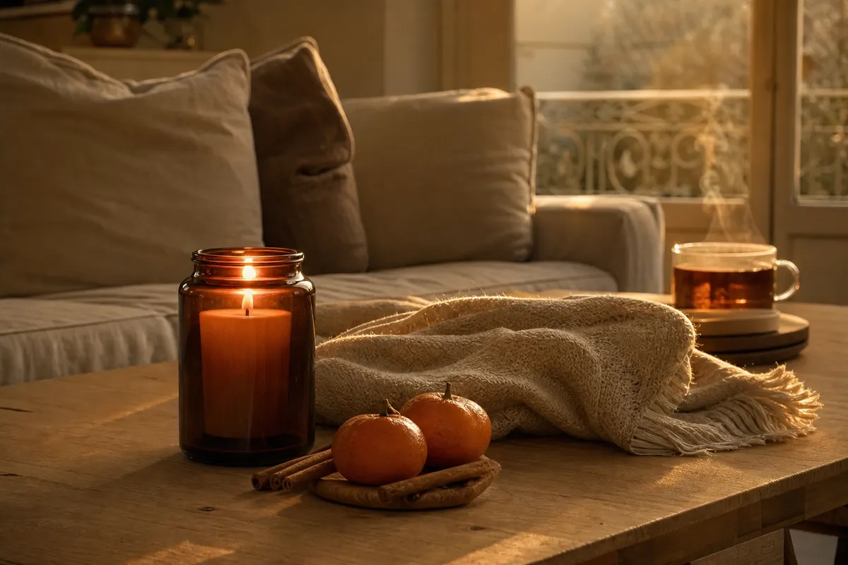 Bougie parfumée à la cannelle allumée dans une jarre de verre, sur une table basse en bois avec bâtons de cannelle et clémentines
