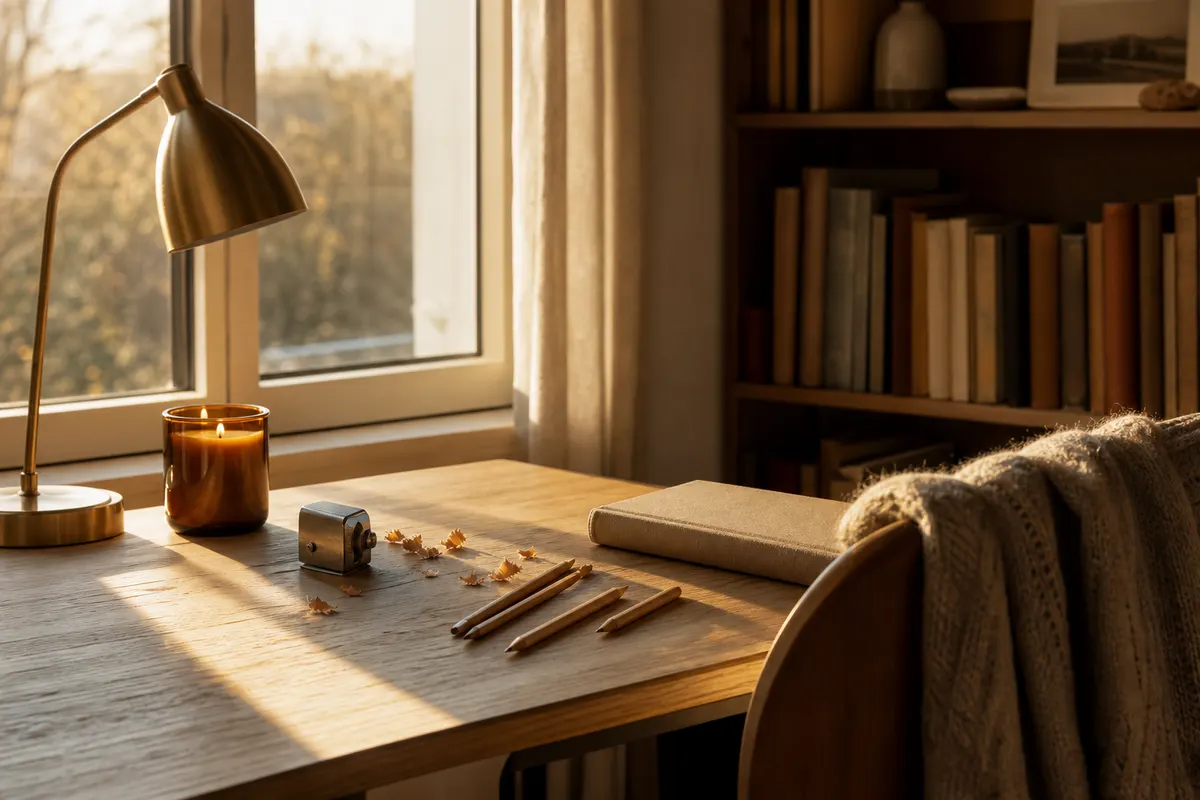 Bougie parfumée au cèdre allumée sur un bureau en chêne, près de crayons taillés et de copeaux de bois, dans la lumière du soir