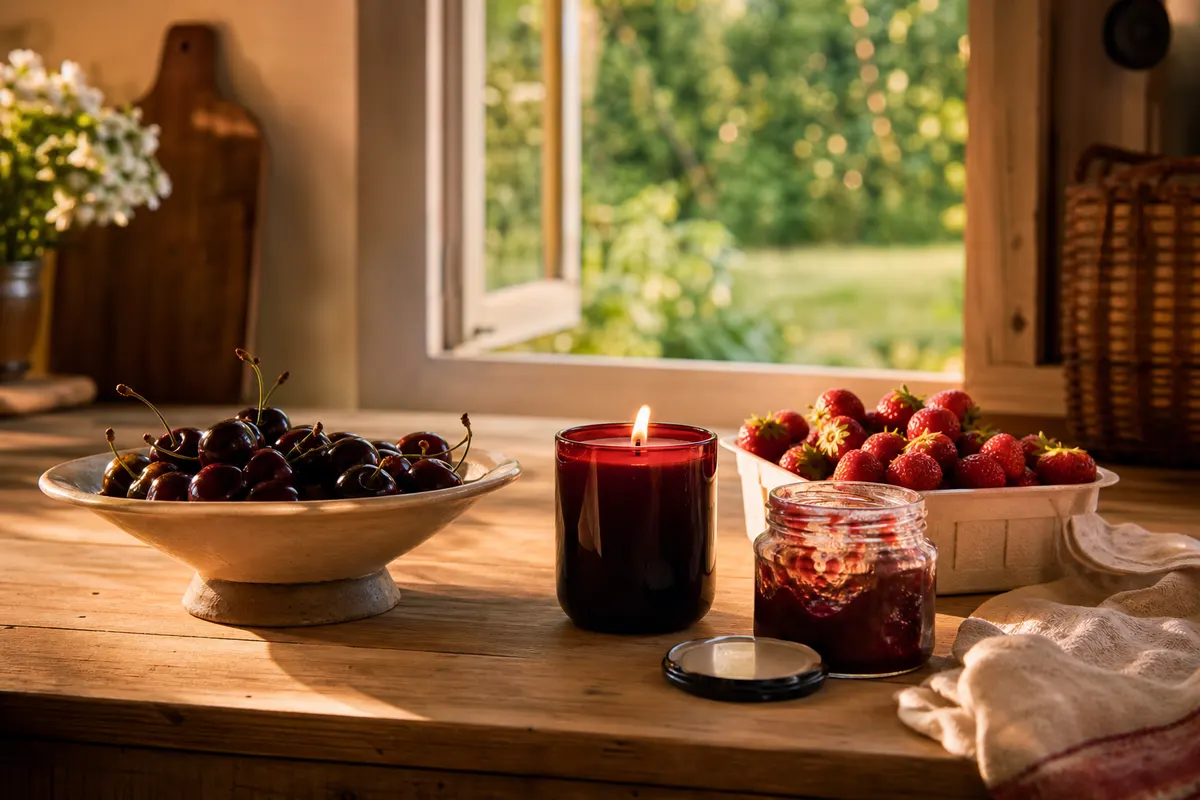 Bougie cerise et fruits rouges allumée dans un pot en verre rouge sur un plan de travail en bois, cerises et fraises en été