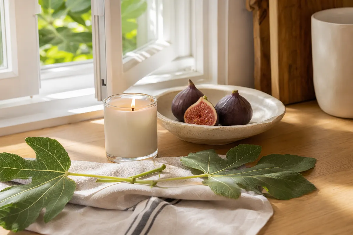 Bougie figue allumée dans un pot en verre sur un plan de travail en bois clair, figues fraîches et feuilles de figuier