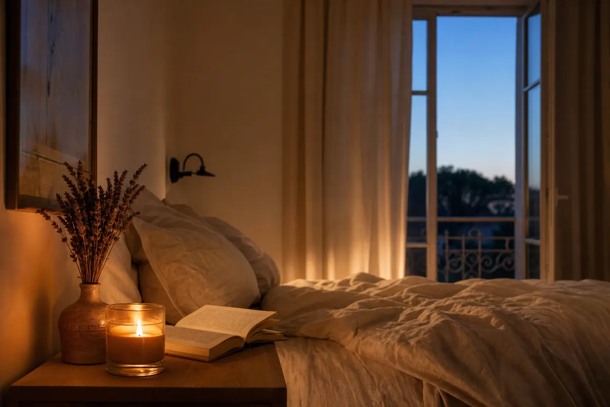 Bougie parfumée à la lavande allumée sur une table de chevet en bois, près d'un bouquet de lavande séchée, chambre tamisée