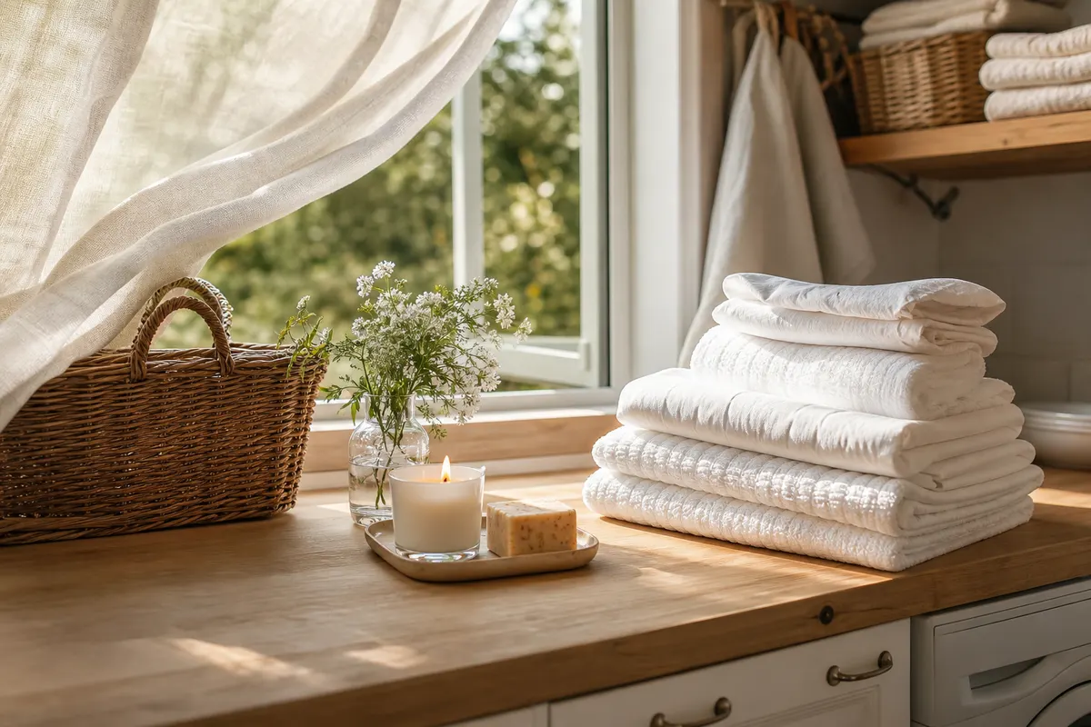 Bougie linge propre allumée dans un pot de verre blanc sur un plateau, devant une pile de draps et de serviettes pliés dans une buanderie