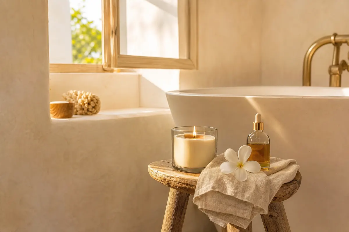 Bougie monoï allumée dans un pot de verre sur un tabouret en bois flotté, fleur de tiaré et serviette en lin, salle de bain