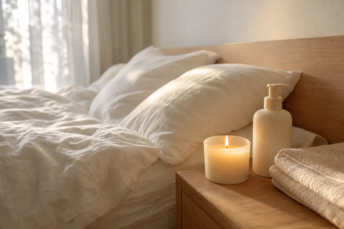 Bougie musc blanc allumée dans un pot en verre opalin sur une table de chevet, draps de lin blanc et lumière douce du matin