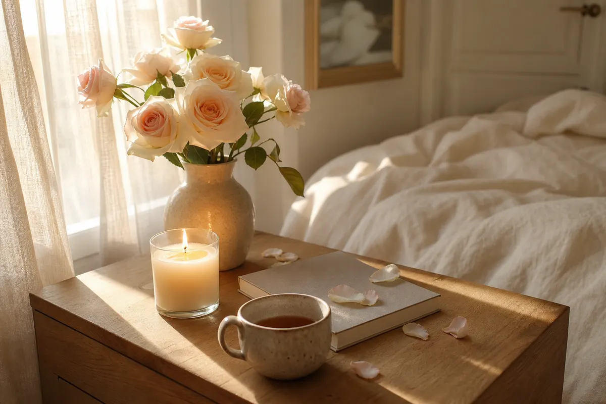 Bougie rose allumée dans un pot de verre ivoire sur une commode en bois, près d'un bouquet de roses fraîches et d'une tasse de thé
