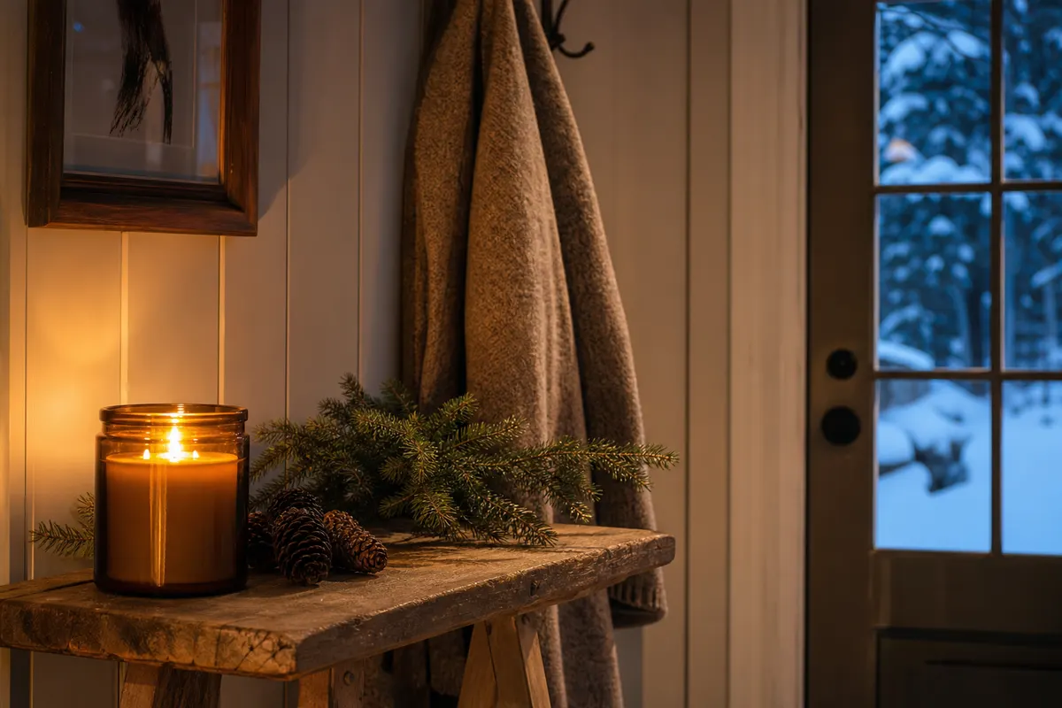 Bougie parfumée sapin et pin allumée sur une console en bois, branche de sapin et pommes de pin, un soir d'hiver