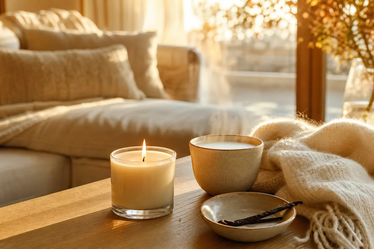 Bougie vanille allumée dans un pot en verre crème sur une table basse en chêne, gousses de vanille et plaid ivoire